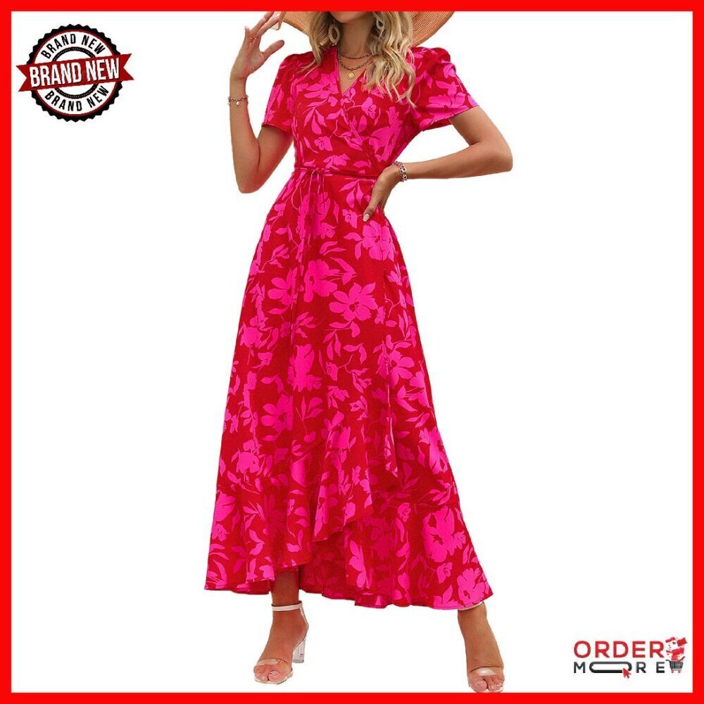 Boho Floral Maxi Dress Wrap V Neck Summer Beach Wedding Guest